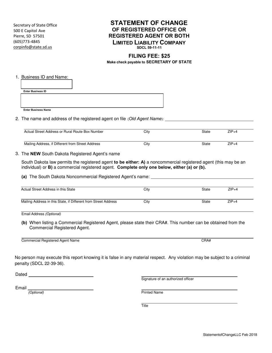 Statement of Change of Registered Office or Registered Agent or Both - Limited Liability Company - South Dakota, Page 1
