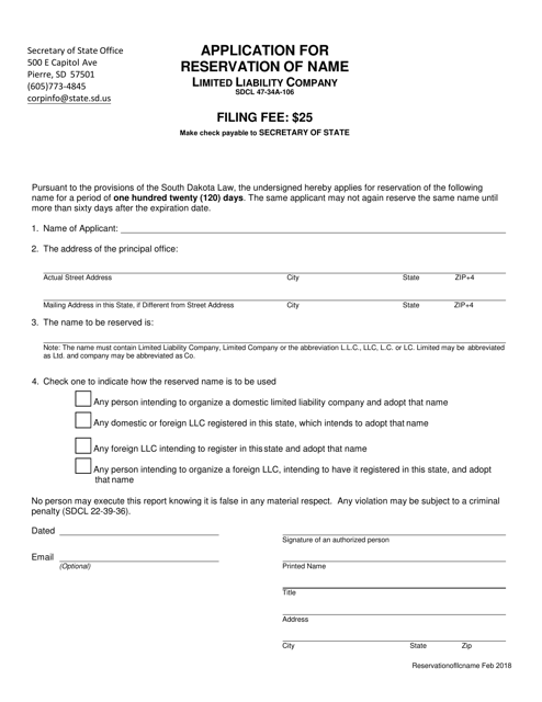 Application for Reservation of Name - Limited Liability Company - South Dakota Download Pdf