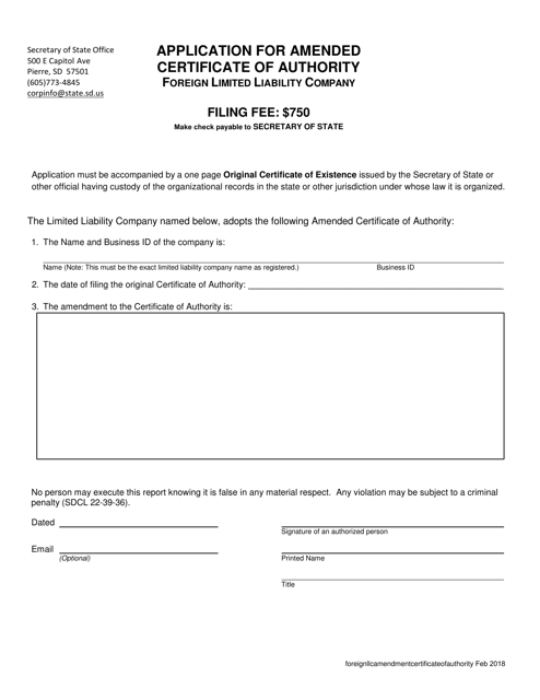Application for Amended Certificate of Authority - Foreign Limited Liability Company - South Dakota Download Pdf