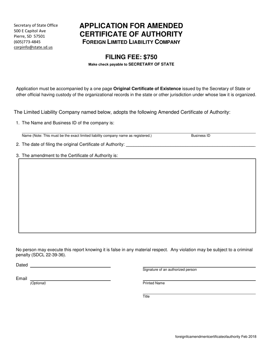 Application for Amended Certificate of Authority - Foreign Limited Liability Company - South Dakota, Page 1