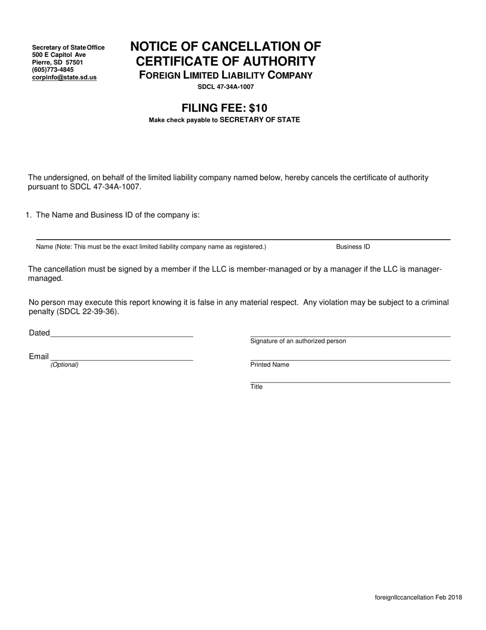 Notice of Cancellation of Certificate of Authority - Foreign Limited Liability Company - South Dakota, Page 1