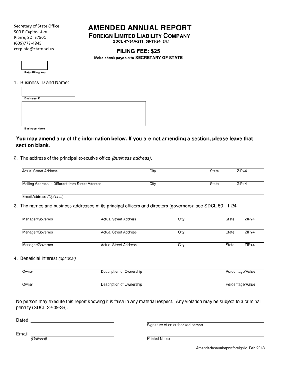 South Dakota Amended Annual Report Foreign Limited Liability Company