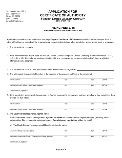 Application for Certificate of Authority - Foreign Limited Liability Company - South Dakota Download Pdf
