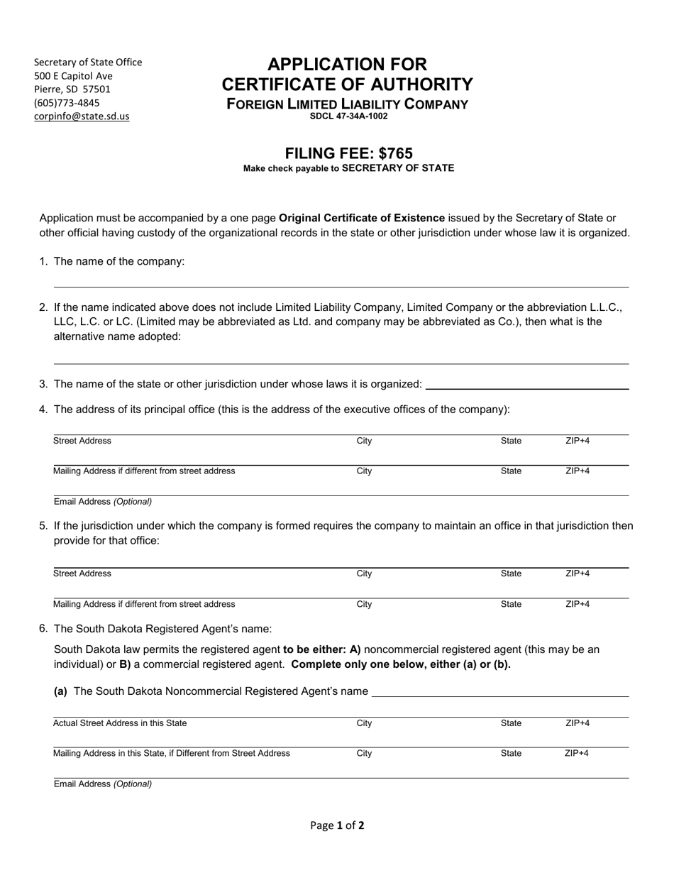 Application for Certificate of Authority - Foreign Limited Liability Company - South Dakota, Page 1