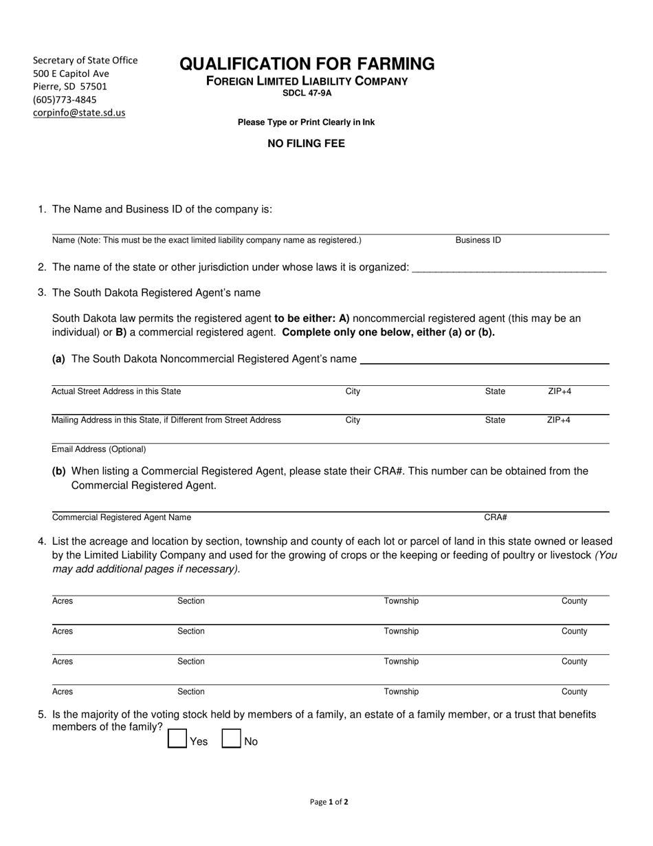 Qualification for Farming - Foreign Limited Liability Company - South Dakota, Page 1