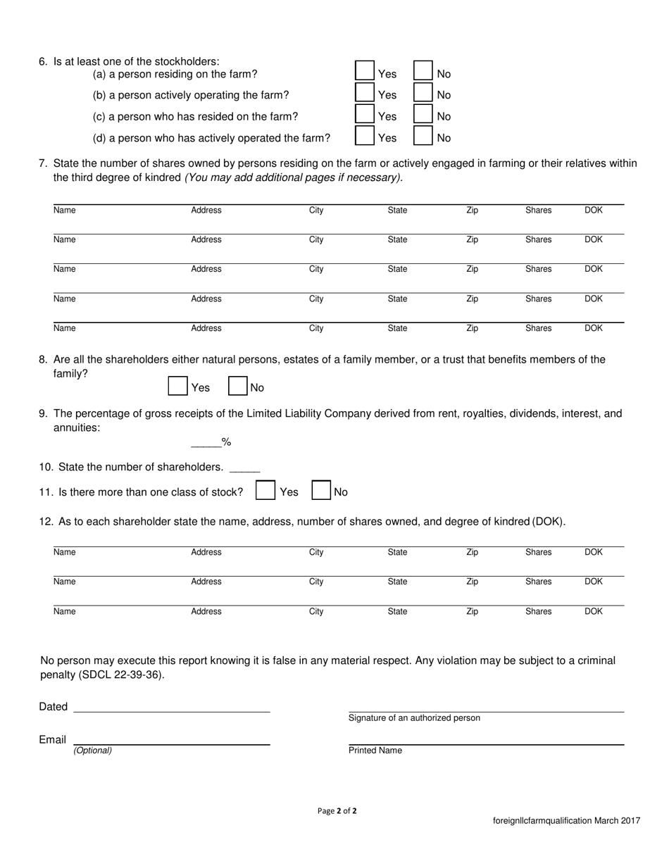 Qualification for Farming - Foreign Limited Liability Company - South Dakota, Page 2