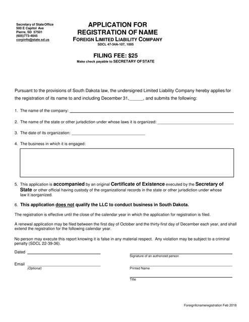 Application for Registration of Name - Foreign Limited Liability Company - South Dakota Download Pdf