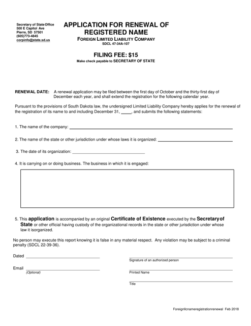 Application for Renewal of Registered Name - Foreign Limited Liability Company - South Dakota Download Pdf