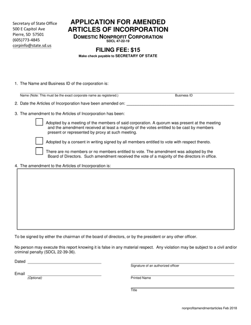 Application for Amended Articles of Incorporation - Domestic Nonprofit Corporation - South Dakota Download Pdf
