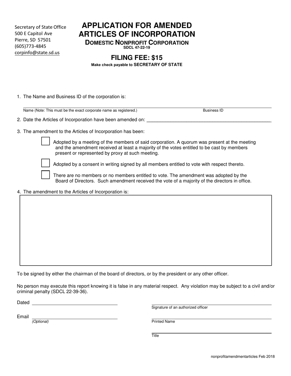 Application for Amended Articles of Incorporation - Domestic Nonprofit Corporation - South Dakota, Page 1