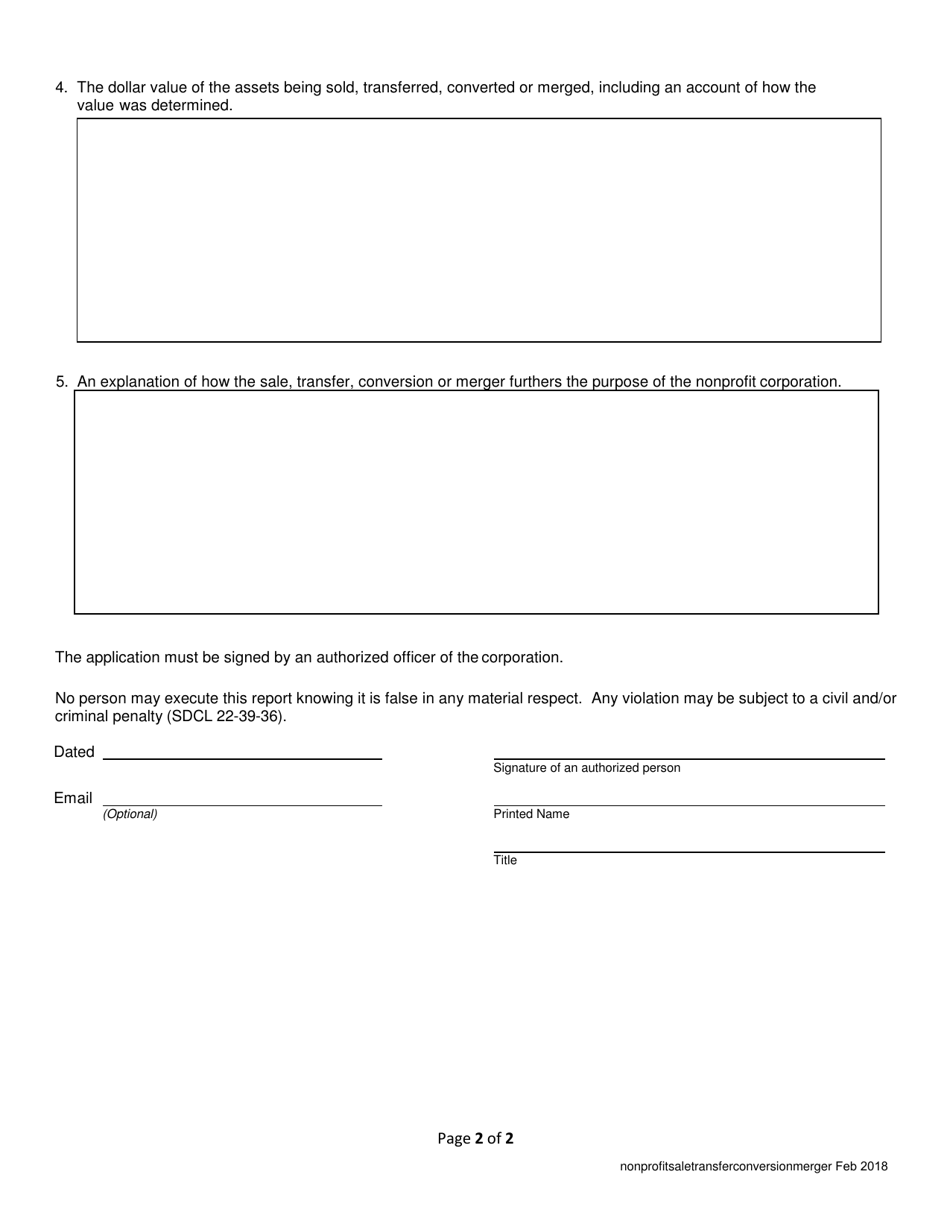 Notice of Sale, Transfer, Conversion or Merger - Domestic Nonprofit Corporation - South Dakota, Page 2