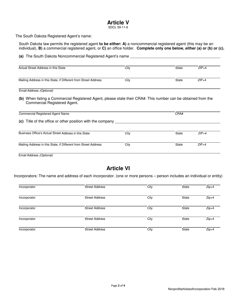Articles of Incorporation - Domestic Nonprofit Corporation - South Dakota, Page 2