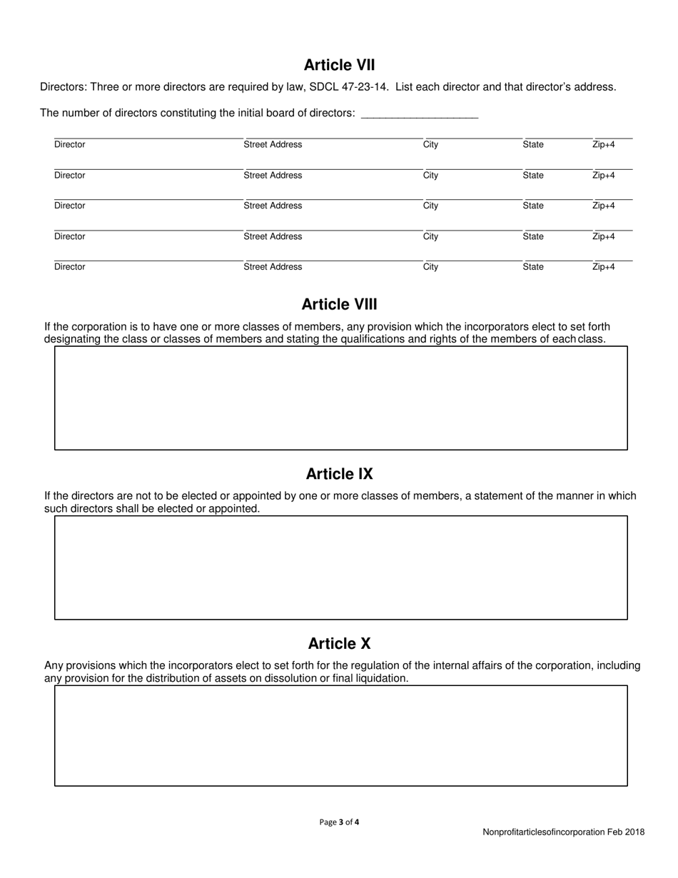 Articles of Incorporation - Domestic Nonprofit Corporation - South Dakota, Page 3