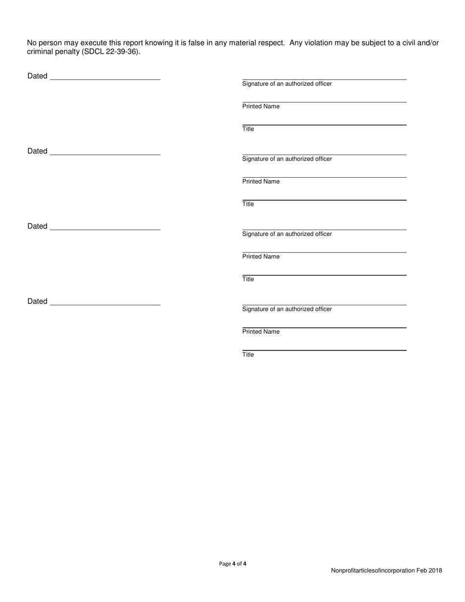 Articles of Incorporation - Domestic Nonprofit Corporation - South Dakota, Page 4