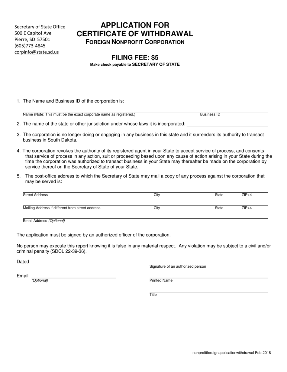 Application for Certificate of Withdrawal - Foreign Nonprofit Corporation - South Dakota, Page 1