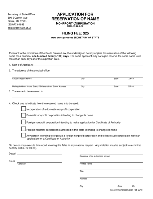 Application for Reservation of Name - Nonprofit Corporation - South Dakota Download Pdf