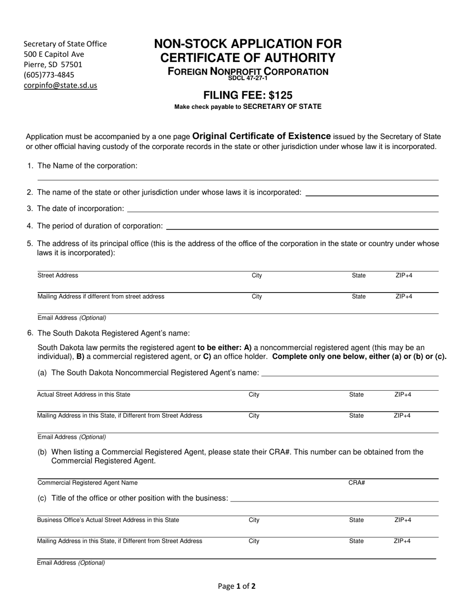 Non-stock Application for Certificate of Authority - Foreign Nonprofit Corporation - South Dakota, Page 1