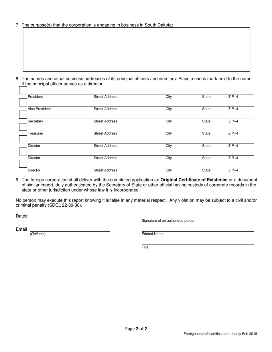 South Dakota Non Stock Application For Certificate Of Authority Foreign Nonprofit Corporation 5723