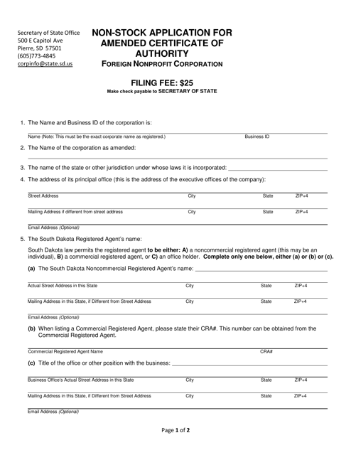 Non-stock Application for Amended Certificate of Authority - Foreign Nonprofit Corporation - South Dakota Download Pdf