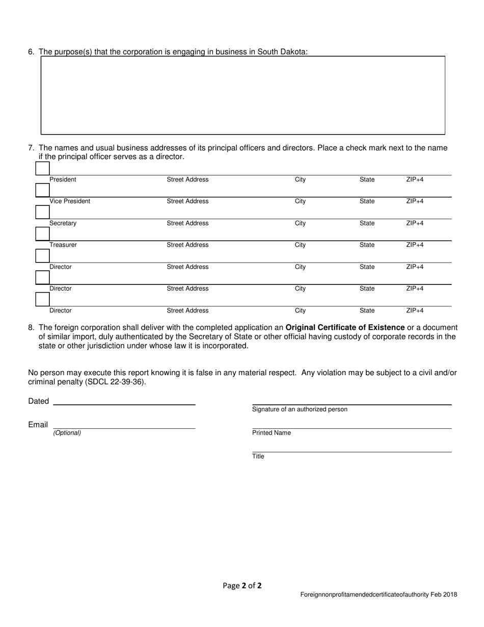 Non-stock Application for Amended Certificate of Authority - Foreign Nonprofit Corporation - South Dakota, Page 2