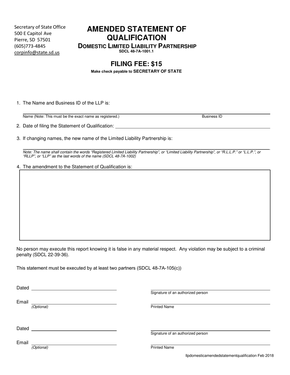 South Dakota Amended Statement of Qualification Domestic Limited