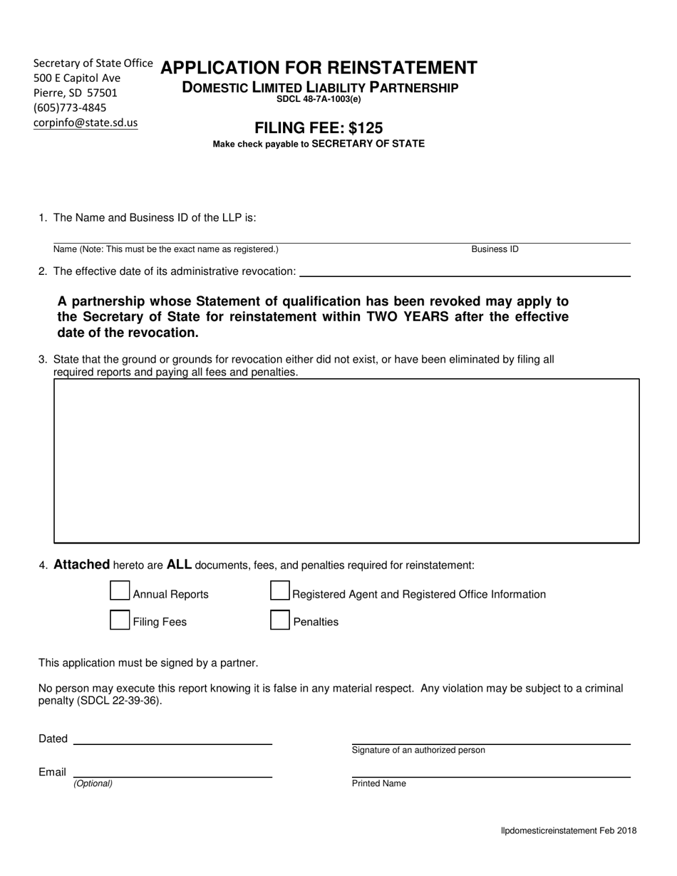 Application for Reinstatement - Domestic Limited Liability Partnership - South Dakota, Page 1