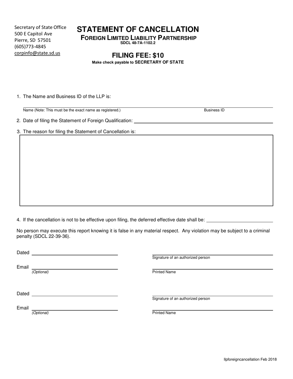 Statement of Cancellation - Foreign Limited Liability Partnership - South Dakota, Page 1
