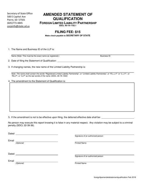 Amended Statement of Qualification - Foreign Limited Liability Partnership - South Dakota Download Pdf