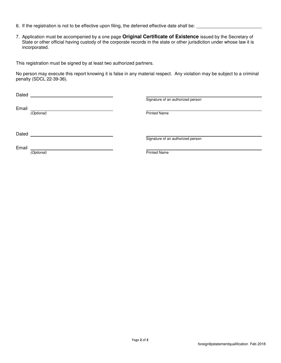 Statement of Qualification - Foreign Limited Liability Partnership - South Dakota, Page 2