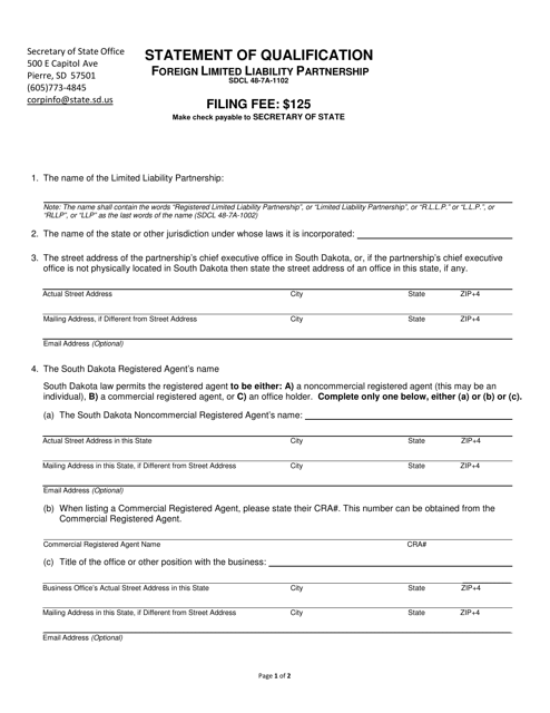 Statement of Qualification - Foreign Limited Liability Partnership - South Dakota Download Pdf