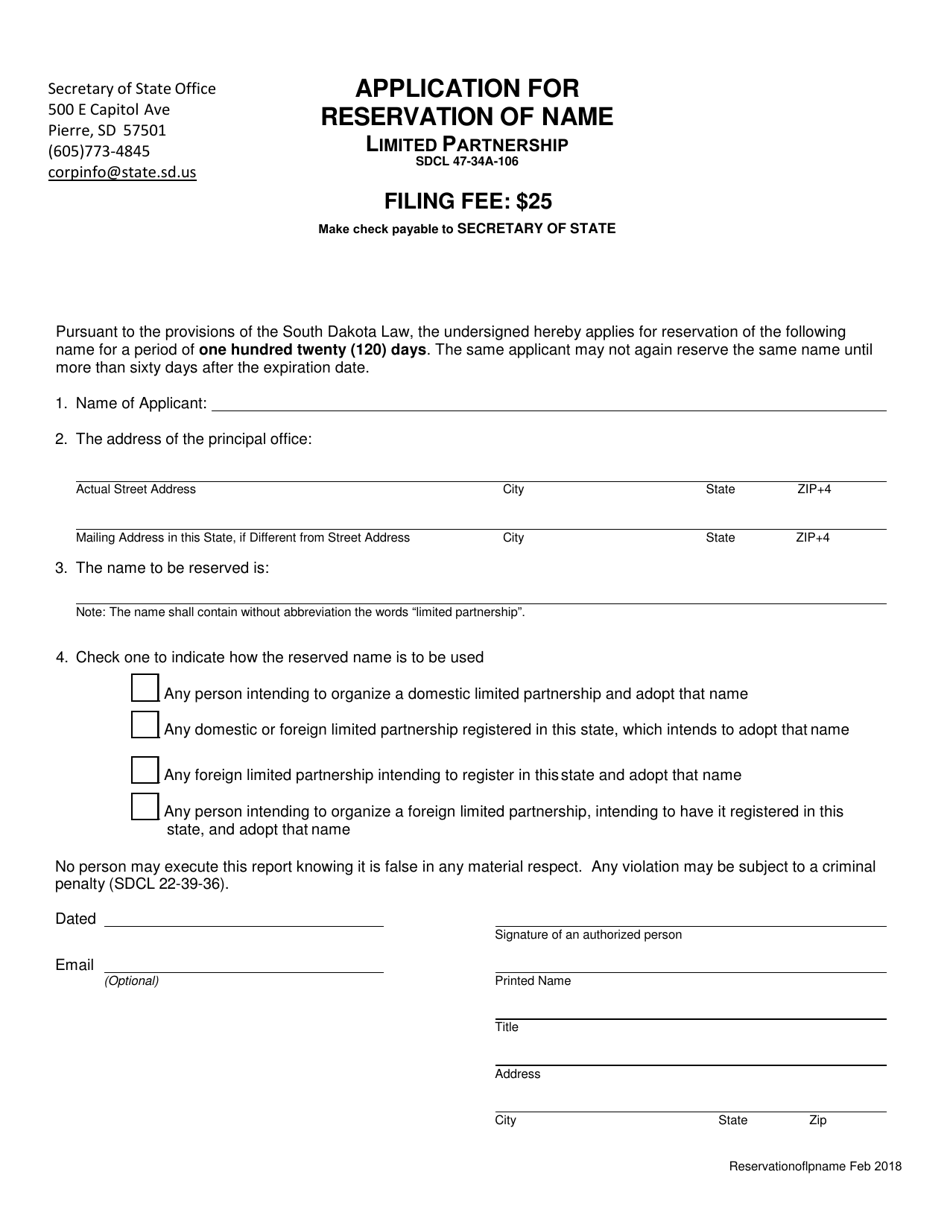 Application for Reservation of Name - Limited Partnership - South Dakota, Page 1