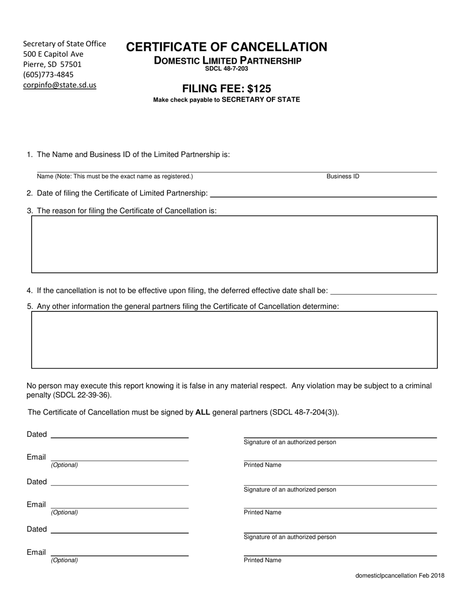 Certificate of Cancellation - Domestic Limited Partnership - South Dakota, Page 1