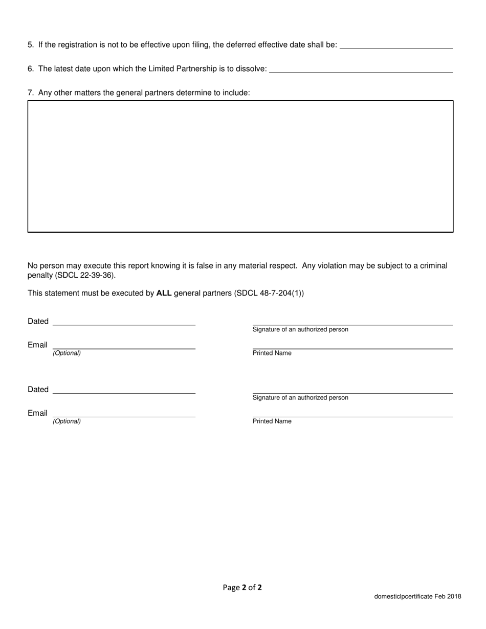 Certificate of Limited Partnership - Domestic Limited Partnership - South Dakota, Page 2