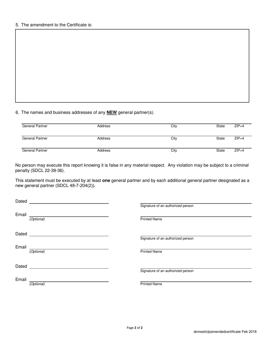 Certificate of Amendment - Domestic Limited Partnership - South Dakota, Page 2