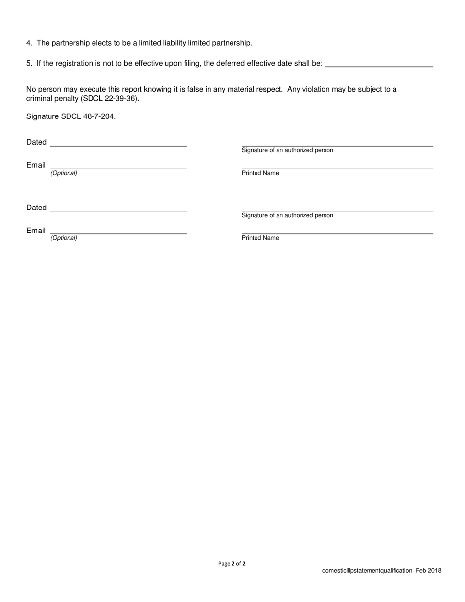 Statement of Qualification - Domestic Limited Liability Limited Partnership - South Dakota, Page 2
