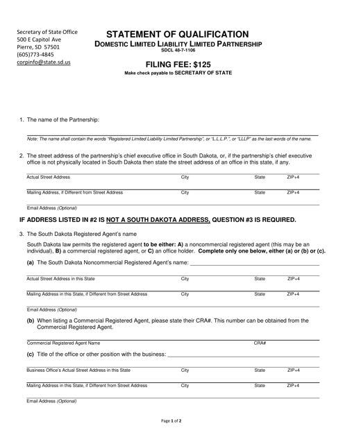 Statement of Qualification - Domestic Limited Liability Limited Partnership - South Dakota Download Pdf