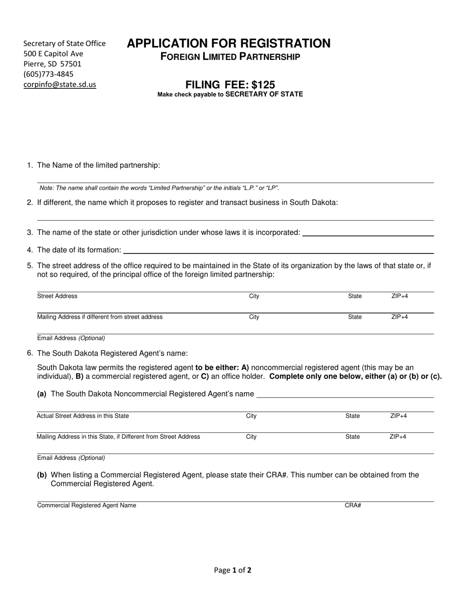 Application for Registration - Foreign Limited Partnership - South Dakota, Page 1