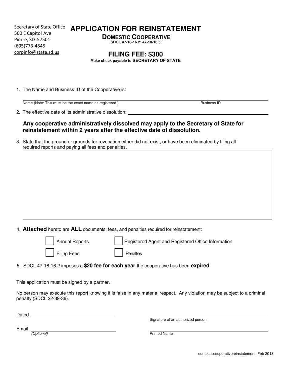 Application for Reinstatement - Domestic Cooperative - South Dakota, Page 1