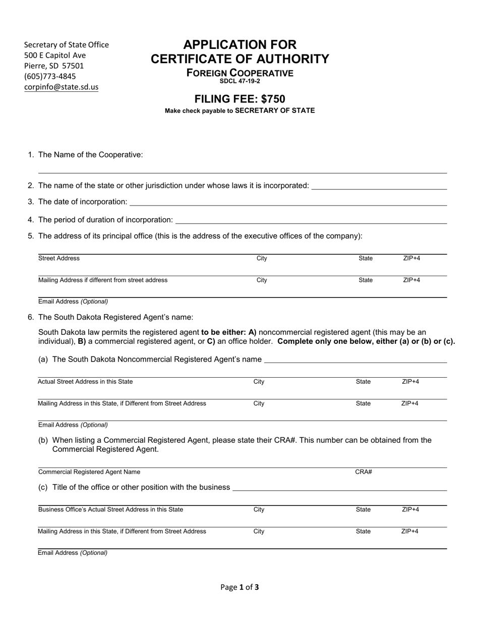 Application for Certificate of Authority - Foreign Cooperative - South Dakota, Page 1