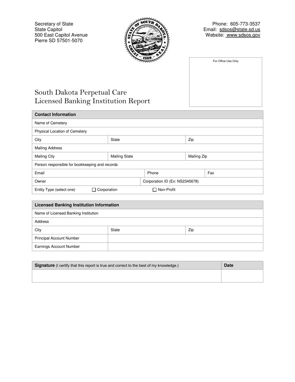 South Dakota South Dakota Perpetual Care Licensed Banking Institution