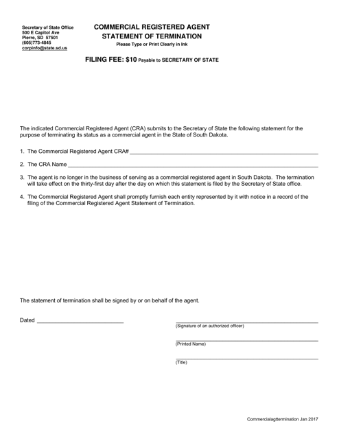 Commercial Registered Agent Statement of Termination - South Dakota Download Pdf