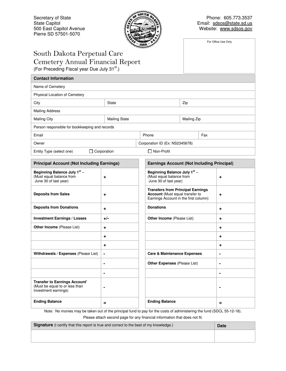 South Dakota Perpetual Care Cemetery Annual Financial Report Form - South Dakota, Page 1