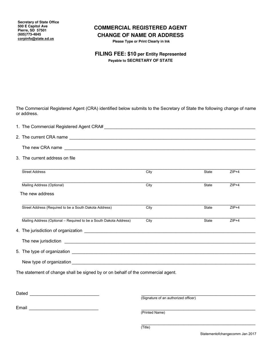 South Dakota Commercial Registered Agent Change of Name or Address