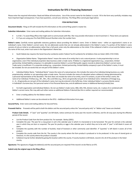 Instructions for Form EFS-1 Financing Statement - South Dakota
