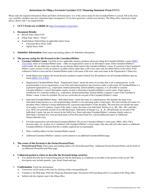 Instructions for Form UCC1 Livestock Caretaker Ucc Financing Statement - South Dakota