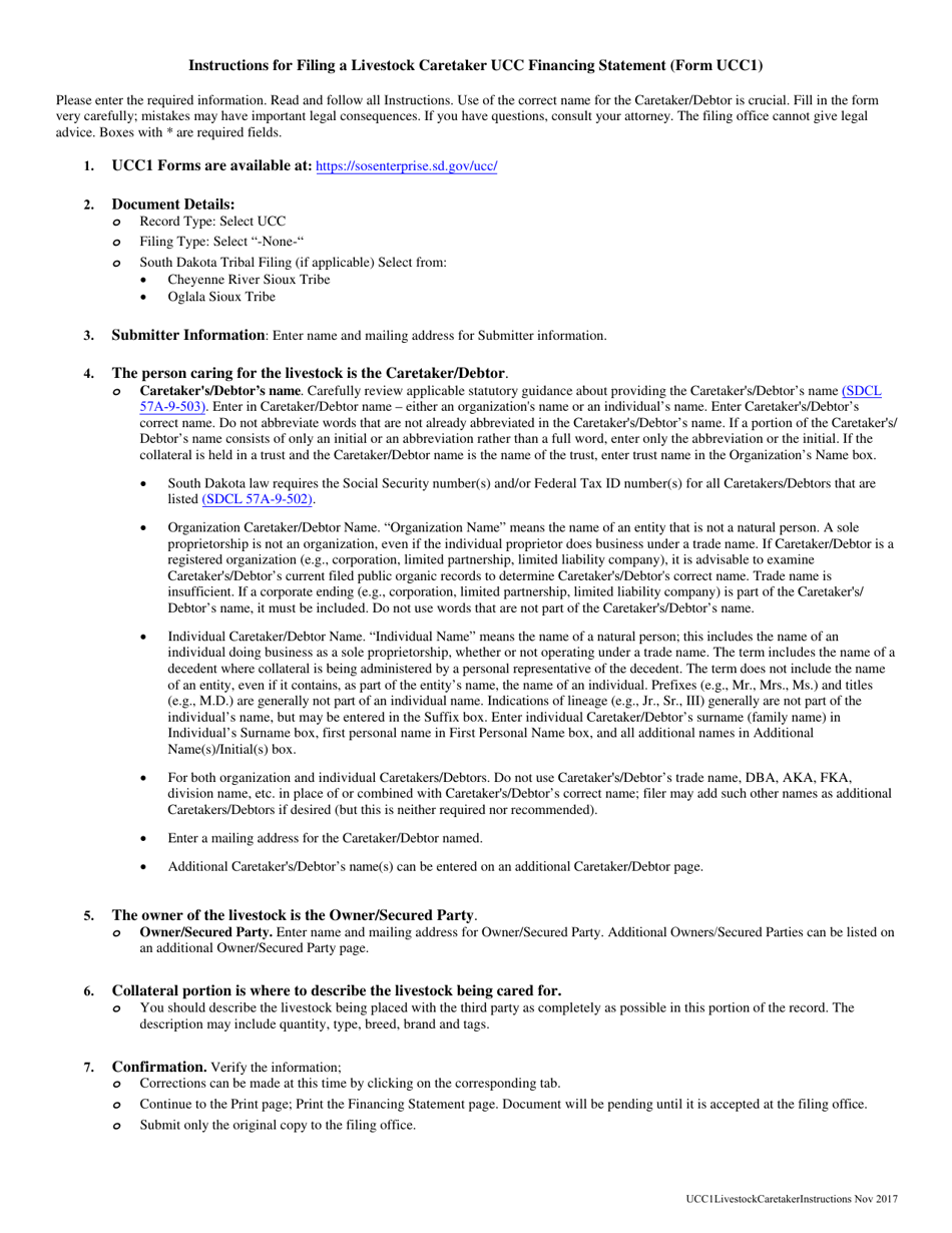Instructions for Form UCC1 Livestock Caretaker Ucc Financing Statement - South Dakota, Page 1