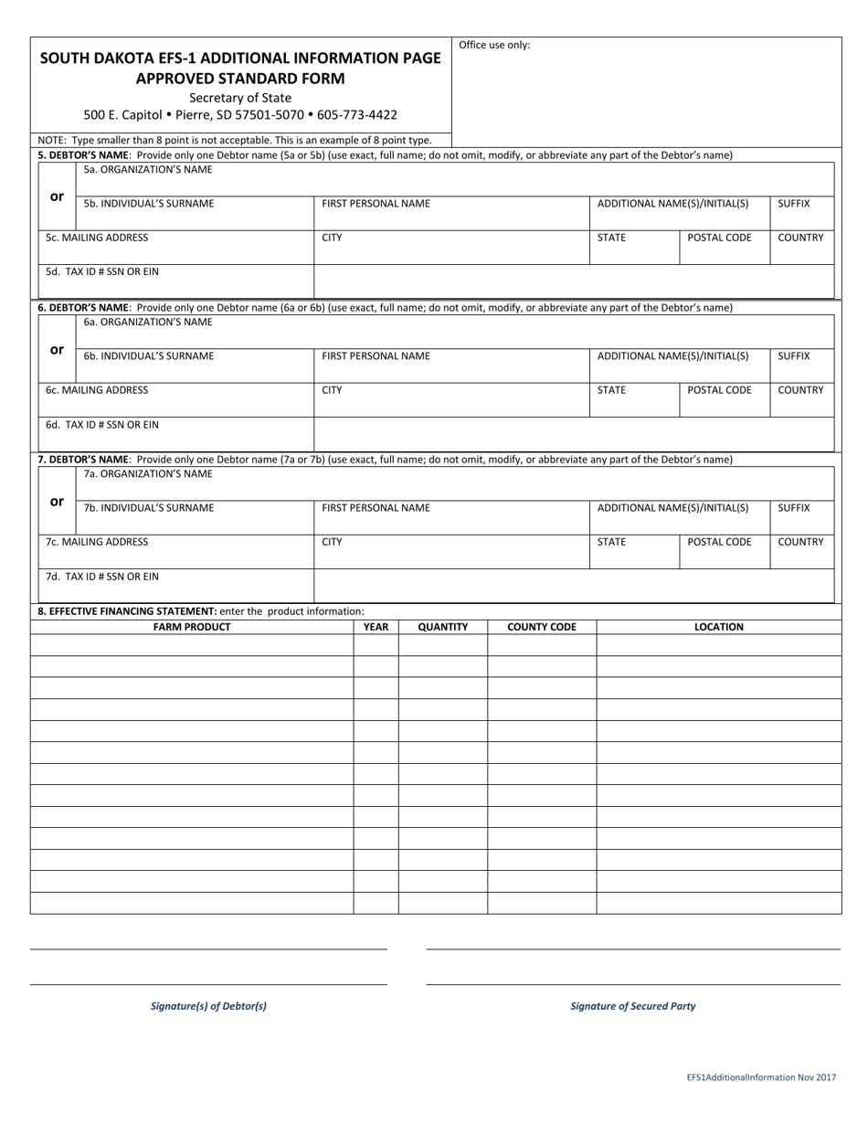 Form EFS-1 Additional Information Page - South Dakota, Page 1