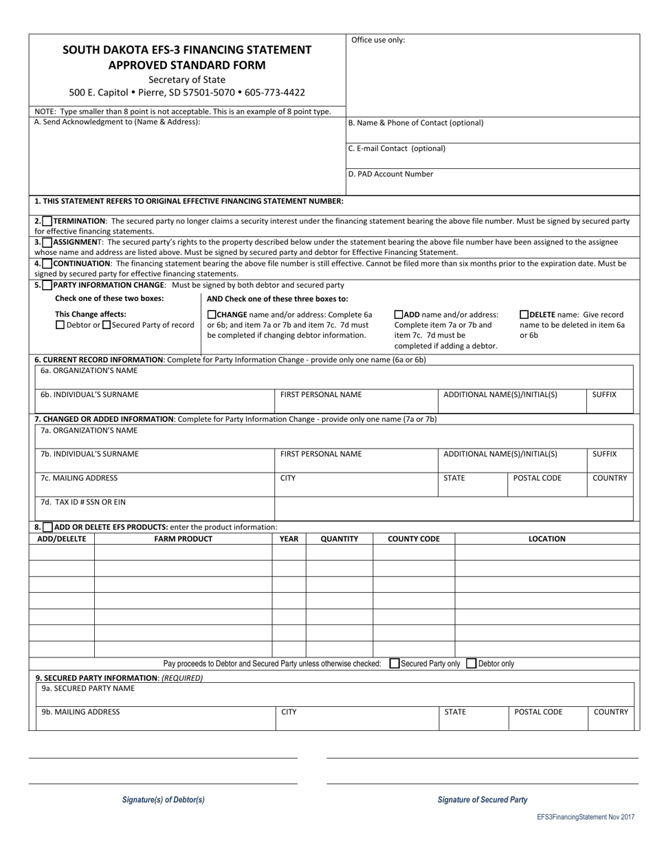 Form EFS-3 Financing Statement - South Dakota, Page 1