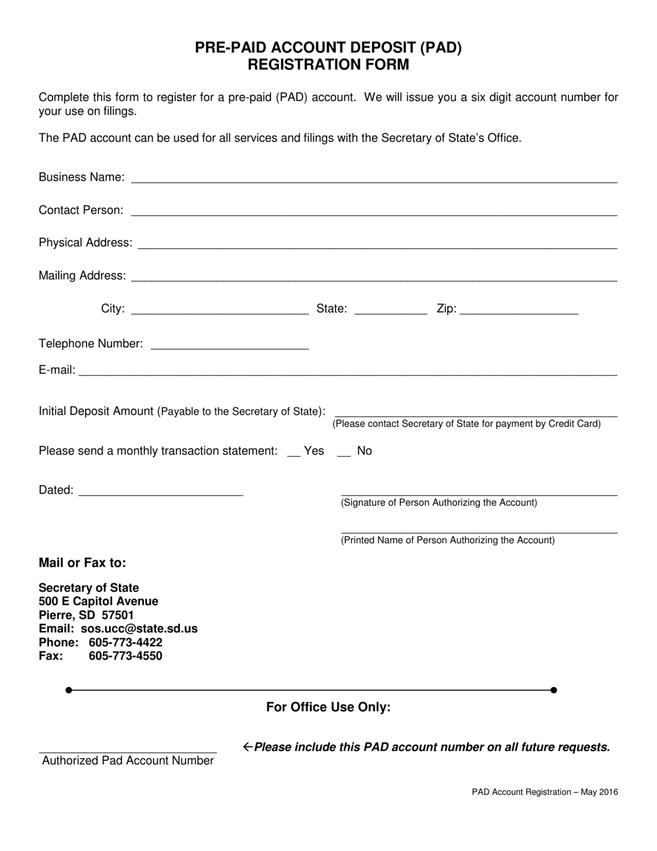 Pre-paid Account Deposit (Pad) Registration Form - South Dakota, Page 1