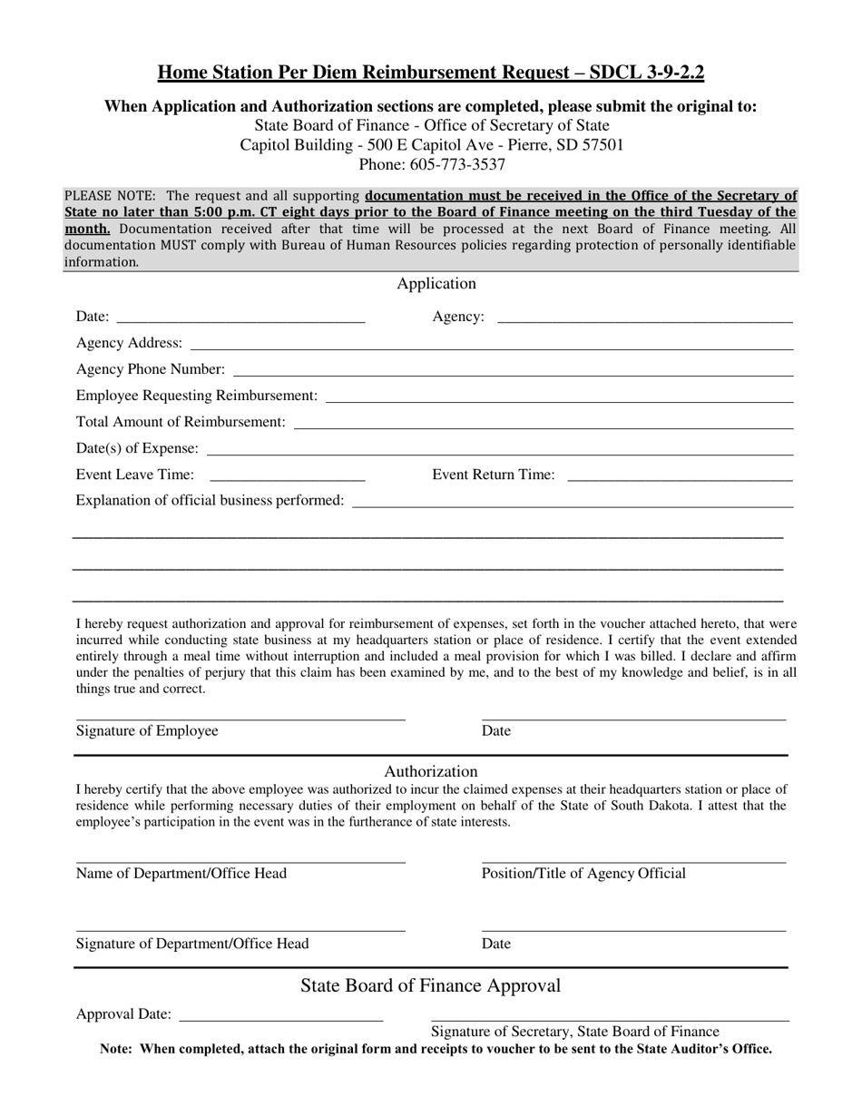 South Dakota Home Station Per Diem Reimbursement Request Fill Out